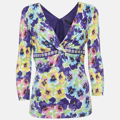 Versace Multicolor Floral Jersey V-Neck Long Sleeve Top L - Versace - Modalova