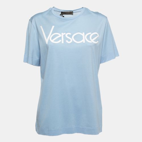 Versace Light Blue Cotton Logo Embroidered Tribute T-Shirt M - Versace - Modalova