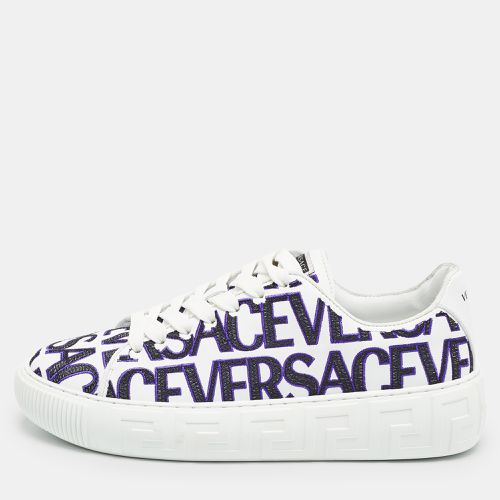 Versace White/Black Leather Logo All Over Contrasting Lace Up Sneakers Size 40 - Versace - Modalova