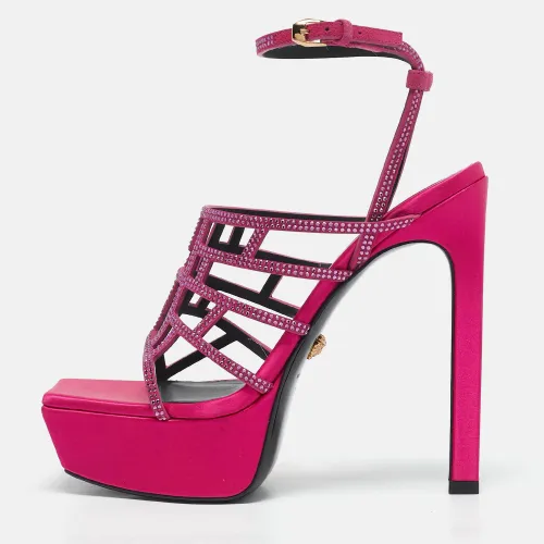 Versace Pink Satin Crystal Embellished Platform Sandals Size 39 - Versace - Modalova
