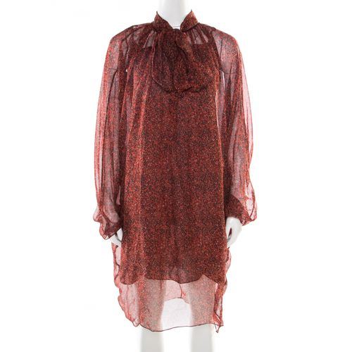 Printed Silk Chiffon Neck Tie Detail Long Sleeve Dress L - Yves Saint Laurent - Modalova