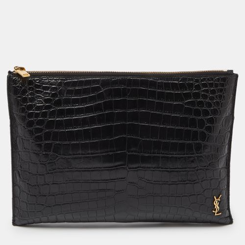 Saint Laurent Black Croc Embossed Leather Monogram Zip Pouch - Yves Saint Laurent - Modalova