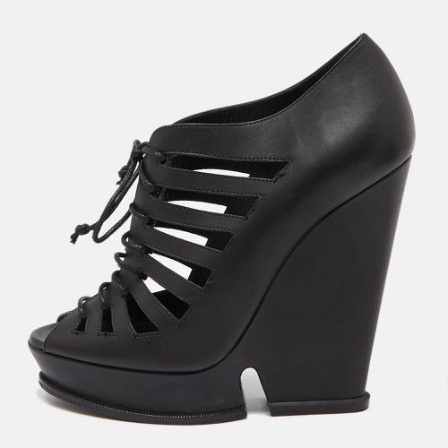 Saint Laurent Black Leather Cut Out Hortense Wedge Platform Booties Size 38.5 - Yves Saint Laurent - Modalova