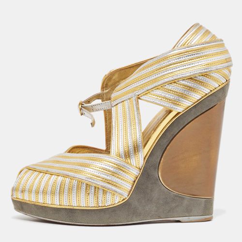 Yves Saint Laurent Gold/Silver Leather and Suede Peep Toe Wedge Pumps 37.5 - Yves Saint Laurent - Modalova