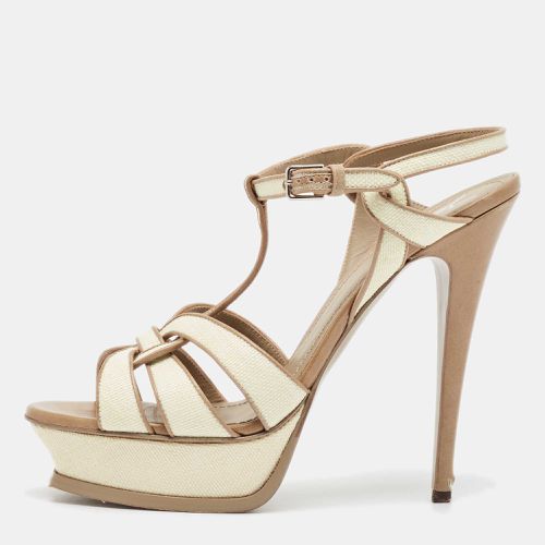 Yves Saint Laurent Cream/Brown Raffia and Leather Tribute Sandals Size 41 - Yves Saint Laurent - Modalova