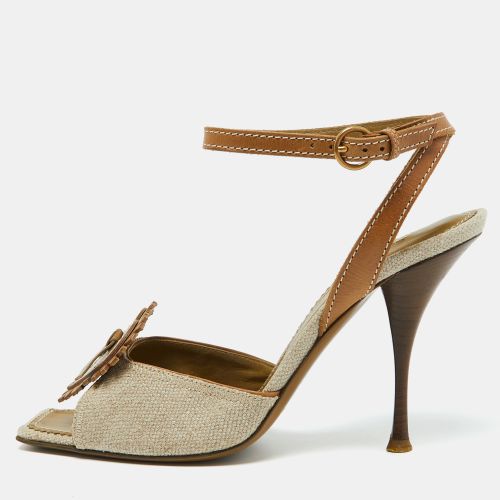 Yves Saint Laurent Beige/Brown Canvas and Leather Ankle Strap Sandals Size 39.5 - Yves Saint Laurent - Modalova