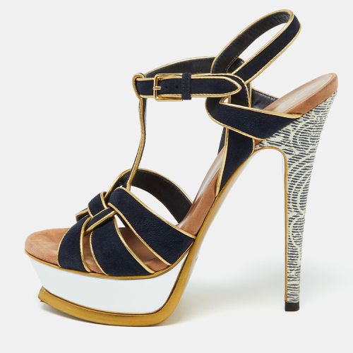 Yves Saint Laurent Navy Blue/Gold Suede Tribute Platform Sandals Size 36 - Yves Saint Laurent - Modalova