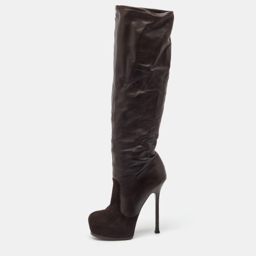 Yves Saint Laurent Dark Brown Suede and Leather Platform Knee High Boots Size 40 - Yves Saint Laurent - Modalova