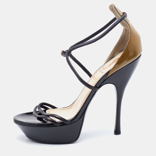 Yves Saint Laurent Black/Olive Green Patent and Leather Platform Ankle Strap Sandals Size 39 - Yves Saint Laurent - Modalova