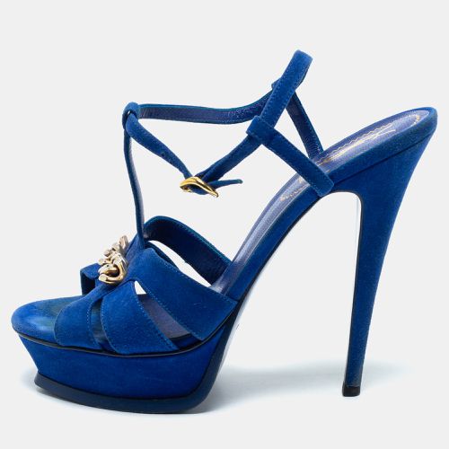 Yves Saint Laurent Navy Blue Suede Chain Detail Platform Sandals Size 39.5 - Yves Saint Laurent - Modalova