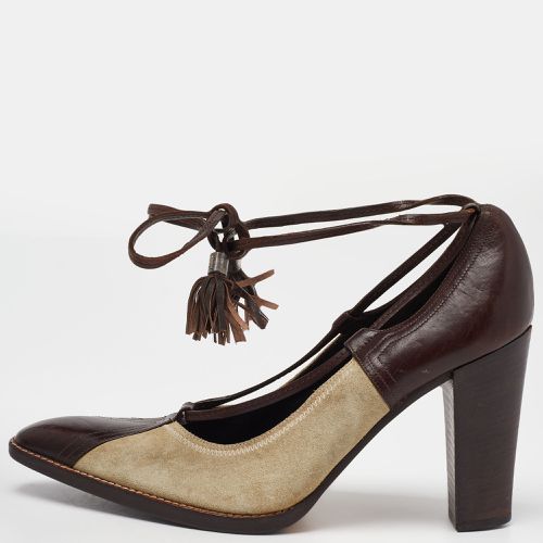 Beige Suede and Leather Fringe Detail Ankle Wrap Pumps Size 37 - Yves Saint Laurent - Modalova