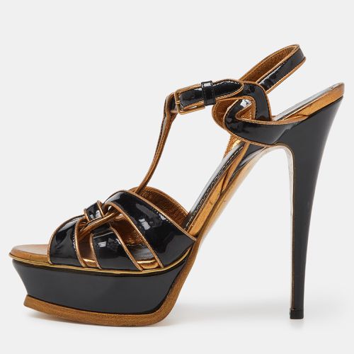 Yves Saint Laurent Black/Gold Patent Leather Tribute Platform Ankle Strap Sandals Size 39 - Yves Saint Laurent - Modalova