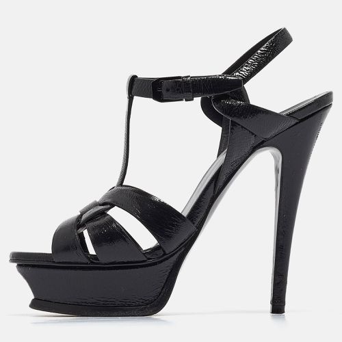 Yves Saint Laurent Black Textured Patent Leather Tribute Platform Ankle Strap Sandals Size 36.5 - Yves Saint Laurent - Modalova