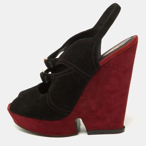 Yves Saint Laurent Black/Burgundy Suede Slingback Wedge Sandals Size 41 - Yves Saint Laurent - Modalova