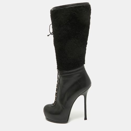 Yves Saint Laurent Black Leather and Wool Platform Mid Calf Boots Size 39.5 - Yves Saint Laurent - Modalova