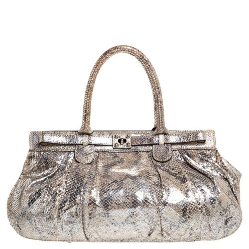 Zagliani Metallic Silver Python Puffy Hobo - Zagliani - Modalova