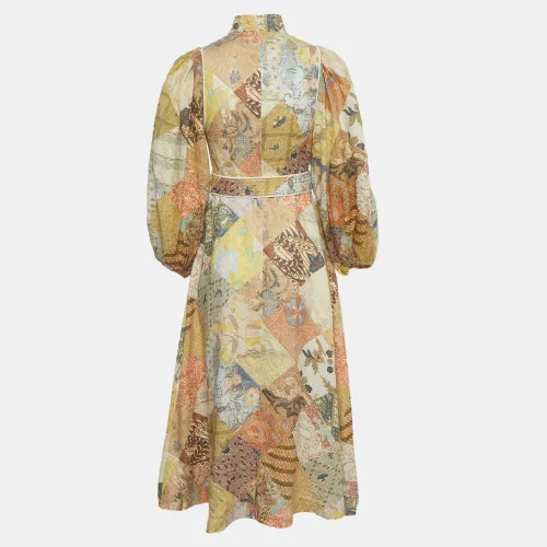 Patchwork Print Puff Sleeve Brightside Linen Midi Dress S - Zimmermann - Modalova