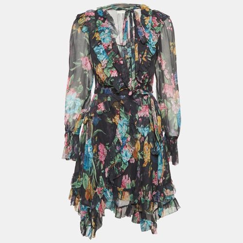 Zimmermann Black Floral Print Silk Ruffled Wrap Dress S - Zimmermann - Modalova