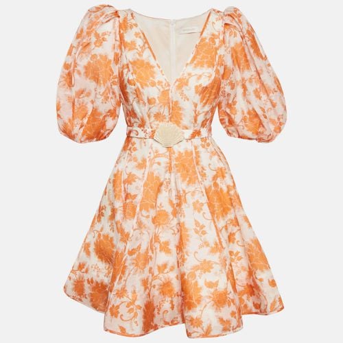 Zimmermann Orange Floral Print Linen Blend Puff Sleeve Postcard Mini Dress M - Zimmermann - Modalova