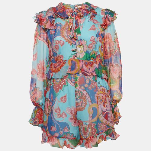 Zimmermann Blue Floral Print Silk Chiffon Ruffled Playsuit L - Zimmermann - Modalova