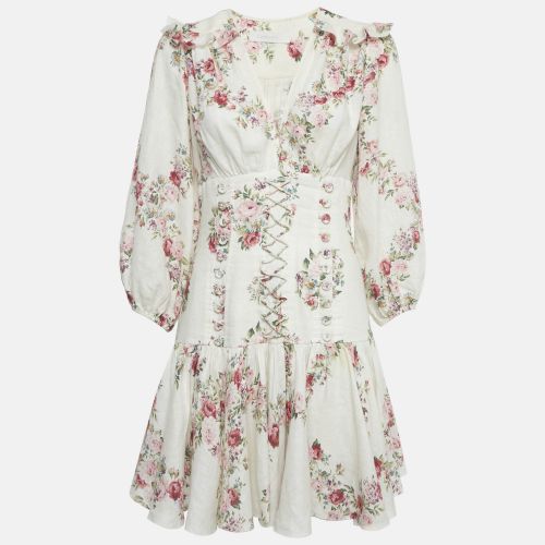 Zimmermann White Rose Print Linen Lace-Up Mini Dress M - Zimmermann - Modalova
