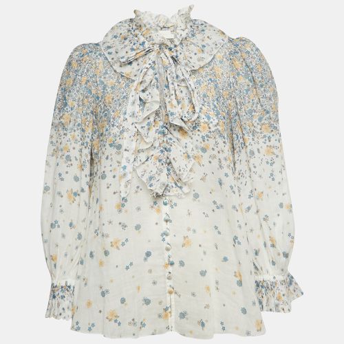 Zimmermann White Floral Printed Ramie Ruffled Neck Top L - Zimmermann - Modalova