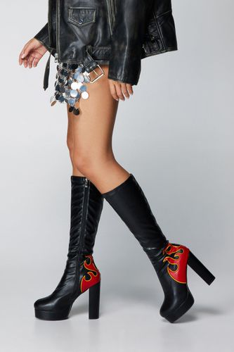 Womens Faux Leather Flame Platform Knee High Boots - - 3 - Nasty Gal - Modalova