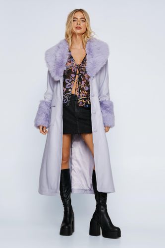 Womens Plush Fur Trim Belted Faux Leather Coat - - 8 - Nasty Gal - Modalova