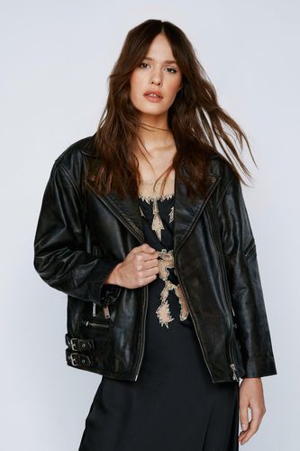Womens Real Leather Oversized Zip Detail Moto Jacket - - 4 - Nasty Gal - Modalova