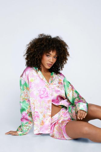 Womens Satin Floral Print Colorblock Pajama Shorts Set - - 6 - Nasty Gal - Modalova