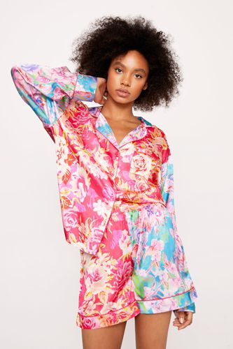 Womens Satin Floral Print Colorblock Pajama Shorts Set - - 4 - Nasty Gal - Modalova