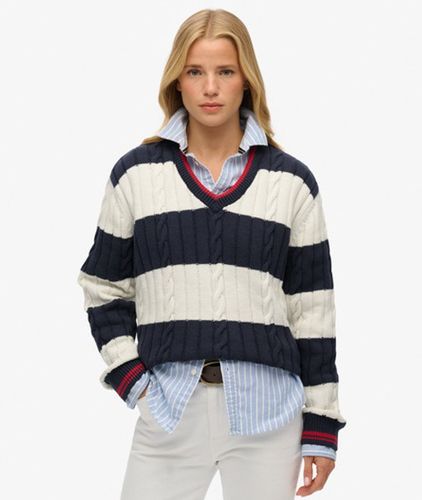 Damen Gestreifter übergröße-pullover mit Zopfmuster und V-ausschnitt - Größe: 42 - Superdry - Modalova
