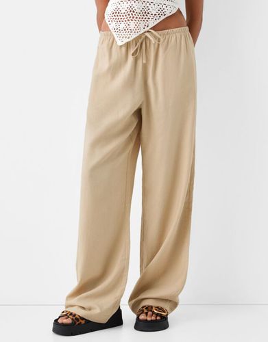 Pantalón Straight Con Lino Cintura Goma Mujer 10-12 - Bershka - Modalova