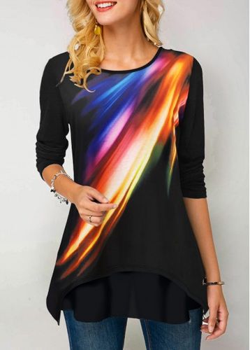 Long Sleeve Printed Round Neck Rainbow Color T Shirt - unsigned - Modalova