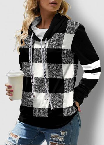 Plaid Drawstring Neck Long Sleeve Contrast Sweatshirt - unsigned - Modalova