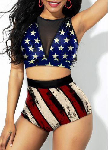 American Flag Print Mesh Stitching High Waist Bikini Set - unsigned - Modalova