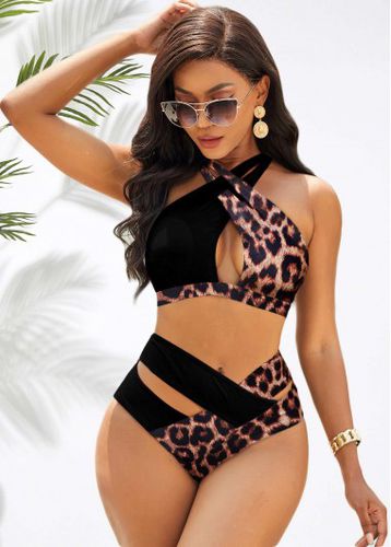 Leopard Cross Strap Contrast Bikini Set - unsigned - Modalova