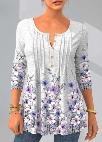 Floral Print Long Sleeve Crinkle Chest T Shirt - unsigned - Modalova
