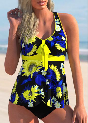 Criss Cross Sunflower Print Yellow Tankini Set - unsigned - Modalova