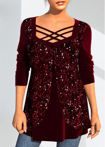 Sequin Velvet Stitching Wine Red Christmas Design T Shirt - unsigned - Modalova