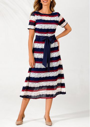 Lace Panel Striped Belted Color Block Dress - unsigned - Modalova