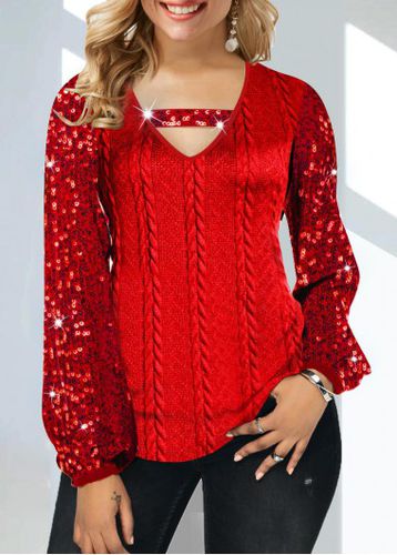 Red Sequin Cutout V Neck T Shirt - unsigned - Modalova