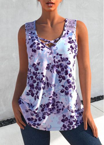 Floral Print Light Purple Lace Stitching Tank Top - unsigned - Modalova