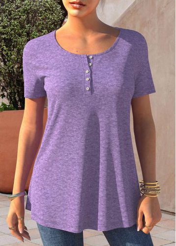 Short Sleeve Light Purple Button Detail T Shirt - unsigned - Modalova