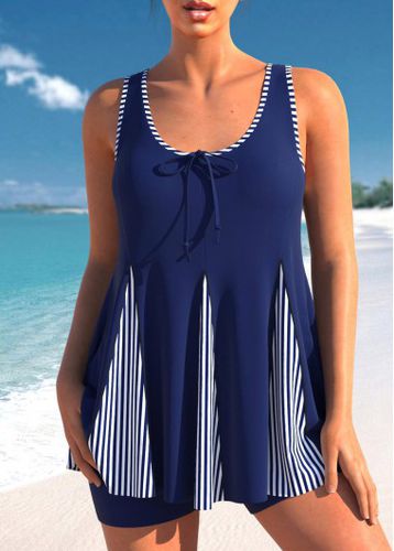 Stripe Print Navy Blue Bowknot Tankini Set - unsigned - Modalova