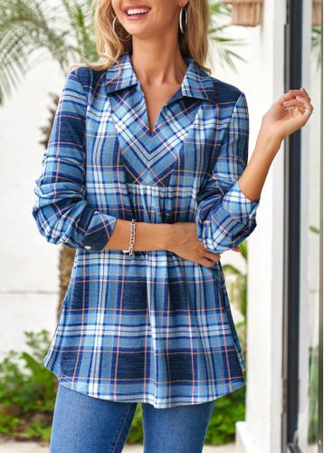 Turndown Collar Plaid Fold Long Sleeve Blouse - unsigned - Modalova