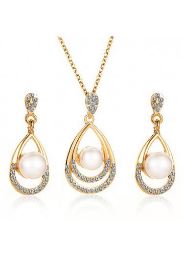Pearl Design Rhinestone Detail Gold Necklace Set - unsigned - Modalova