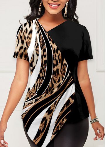 Multi Color Leopard Asymmetric Hem T Shirt - unsigned - Modalova