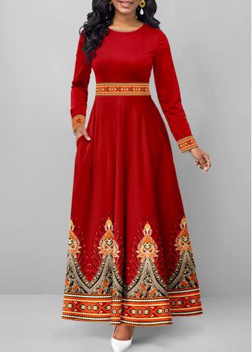 Deep Red Pocket Tribal Print Maxi Dress - unsigned - Modalova