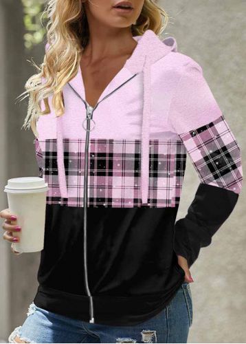 Light Purple Tartan Print Long Sleeve Hoodie - unsigned - Modalova